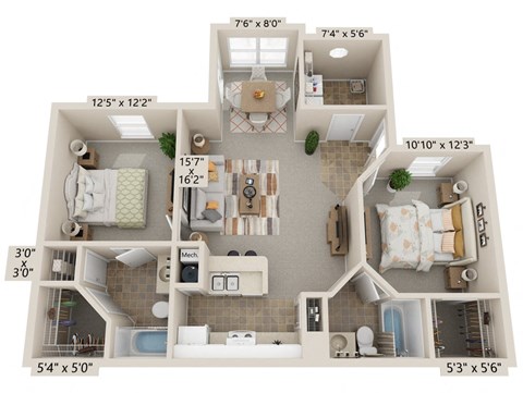 Floor plan for 2 beds, 2 baths, 962 sqft